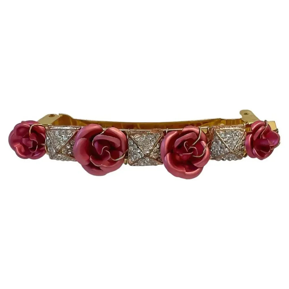 Signed Hattie Gold Plate Pink Roses Clear Crystals Pyramids French Clip Barrette